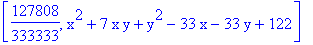 [127808/333333, x^2+7*x*y+y^2-33*x-33*y+122]